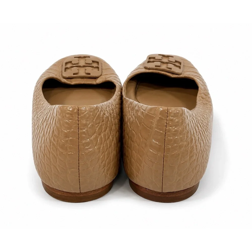 Tory Burch Ballet Flats Women 9M Tan Good Croc Embossed Logo Square Toe